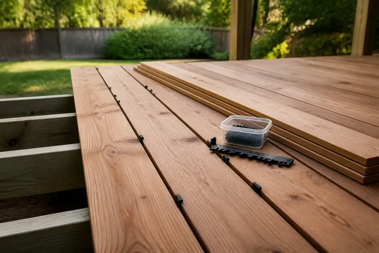 Cedar deck boards being installed with spacing clips and fasteners.