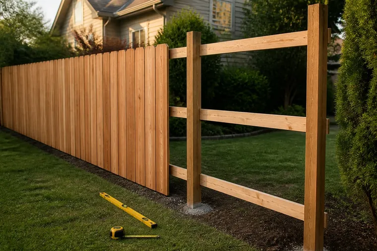 Cedar privacy fence installation showing finished boards, rails, and posts.