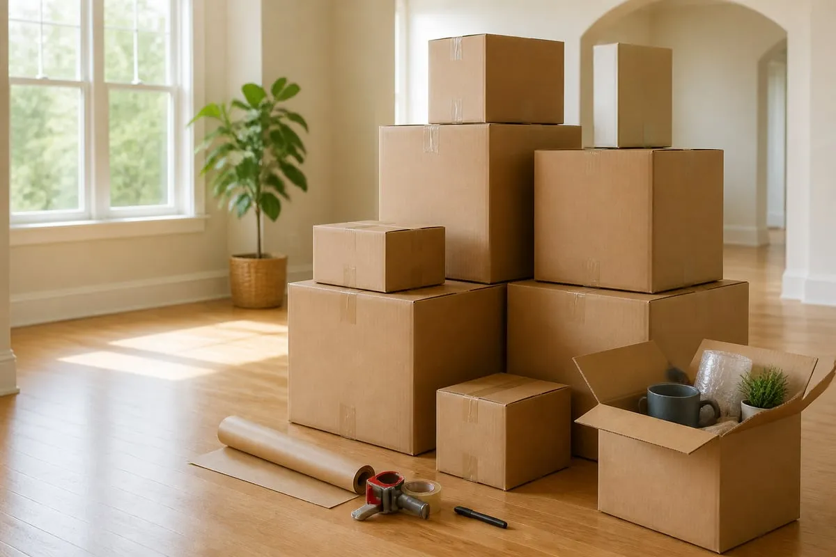 Plain moving boxes, packing paper, and tape in a bright empty living room.