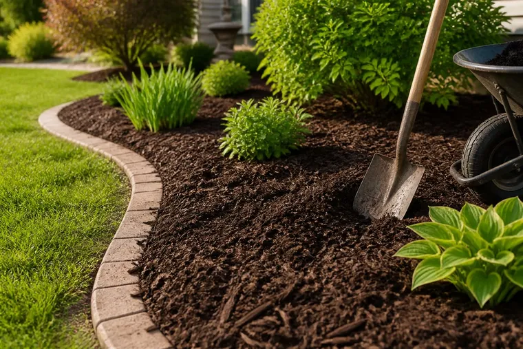 Fresh dark mulch in a curved garden bed with a shovel and wheelbarrow.