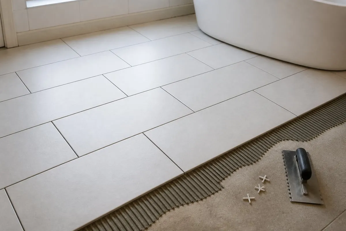 Matte rectangular bathroom tiles beside an unfinished thinset edge and spacers.